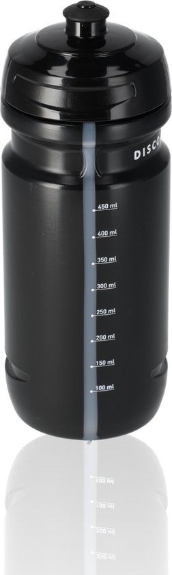 Zwarte, BPA-vrije sportbidon van 600 ml met maatverdeling.