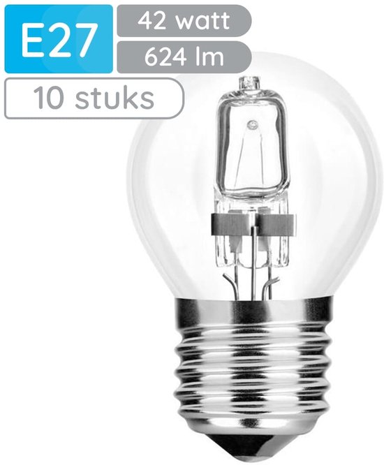Transparante halogeenlamp met E27 fitting, 42 watt, 624 lumen en zichtbaar gloeidraad.