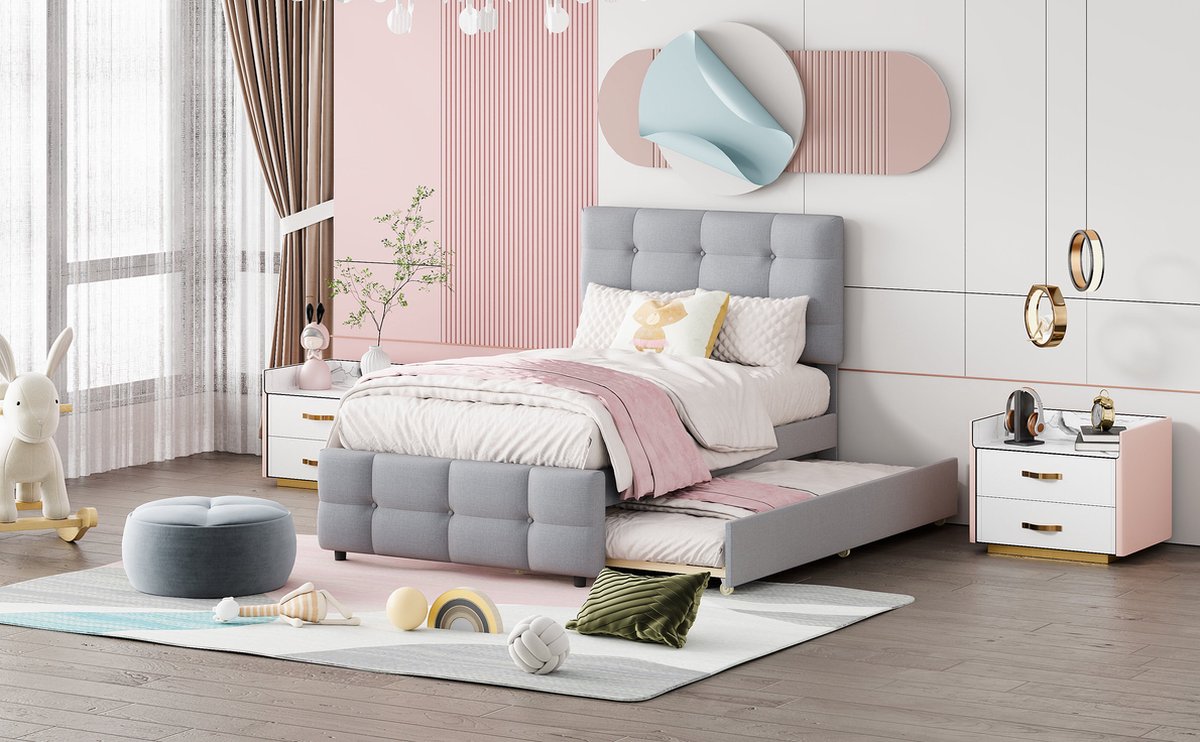 Merax Gestoffeerd Kinderbed 90x200 cm met Extra Uitschuifbaar Bed 90x190 cm - Eenpersoonsbed met Verstelbaar Hoofdbord - Grijs