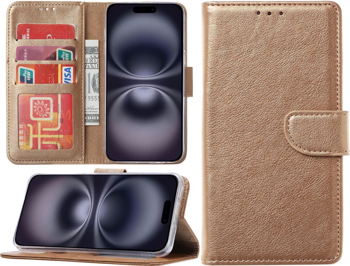 Hoesje Geschikt voor iPhone 16 Plus hoesje – portemonnee bookcase met pasjeshouder – Goud