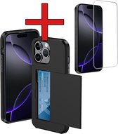 Hoesje Geschikt voor iPhone 16 Pro Max Hoesje Met Pasjeshouder Hard Case Met Kaarthouder Met Screenprotector - Hoes Geschikt voor iPhone 16 Pro Max Hoesje Pashouder Case - Zwart