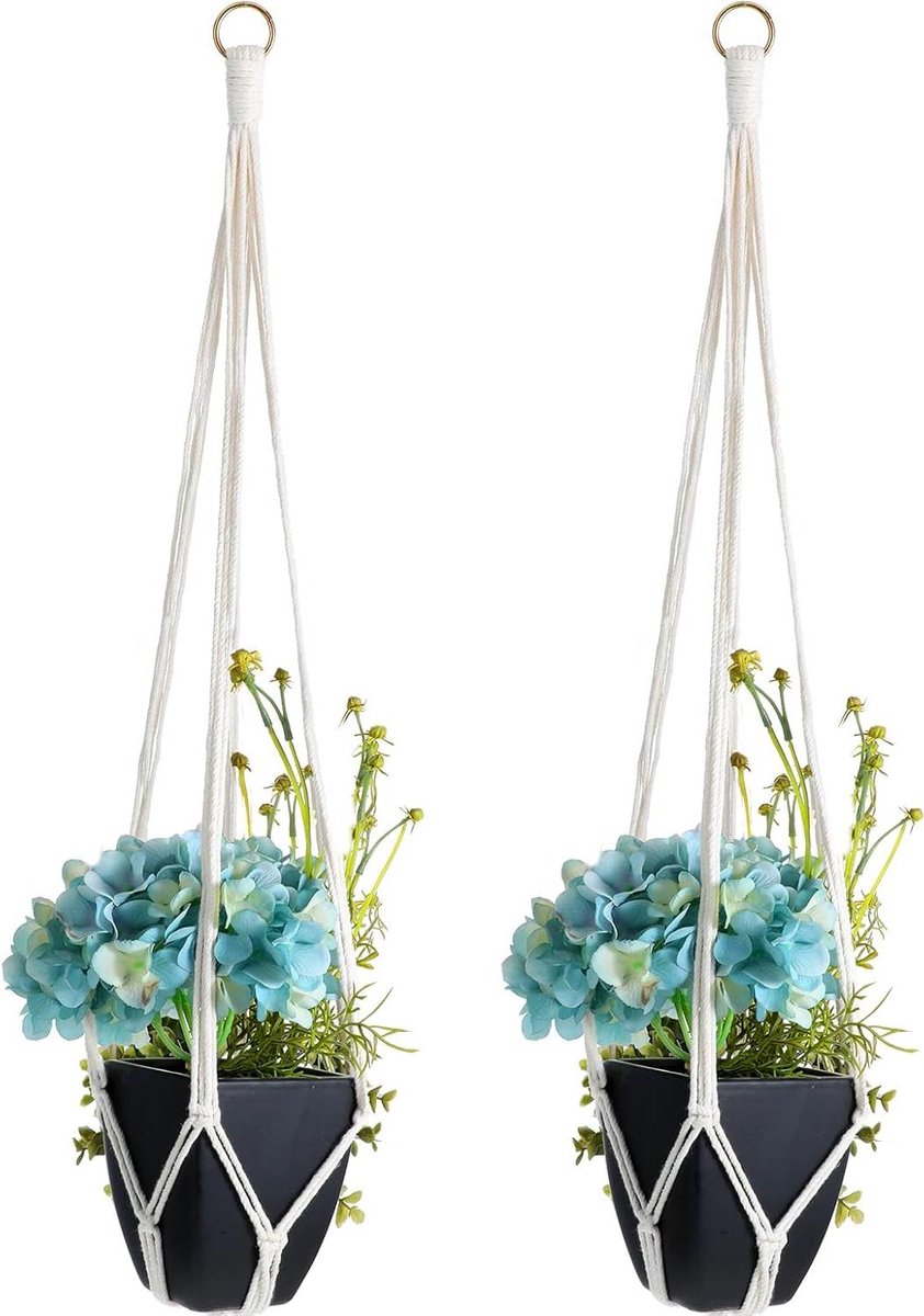 Plantenhanger - Planthanger 2 stuks macramé plantenhangers hangende katoenen touw hangpot bloempot plantenhouder hanger voor planten met 2 metalen haken voor binnen en buiten plafond balkon wanddecoratie