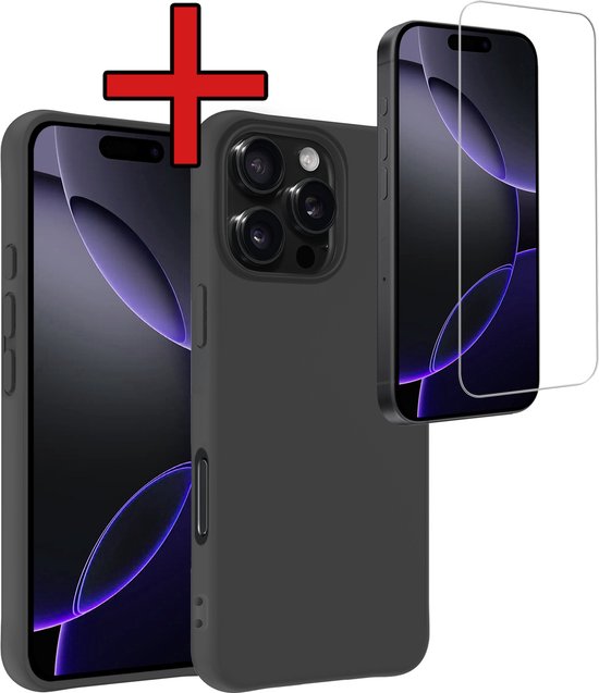 Coque adaptée pour iPhone 16 Pro Coque en Siliconen avec film protecteur d'écran – Coque adaptée pour iPhone 16 Pro Case Cover Case – Zwart