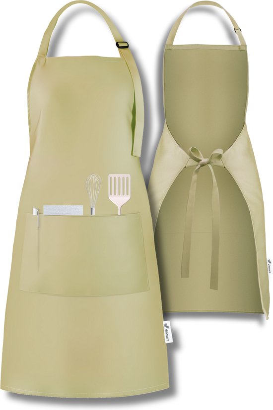 Viamart® - Professioneel Keukenschort - Kookschort - BBQ Schort - Schort - Horecakwaliteit - Verstelbare Gesp, Lange Koorden en 3 Praktische Grote Zakken - Unisex: Dames & Heren - Maat: One Size Fits All - Wasbaar op 60° - Beige