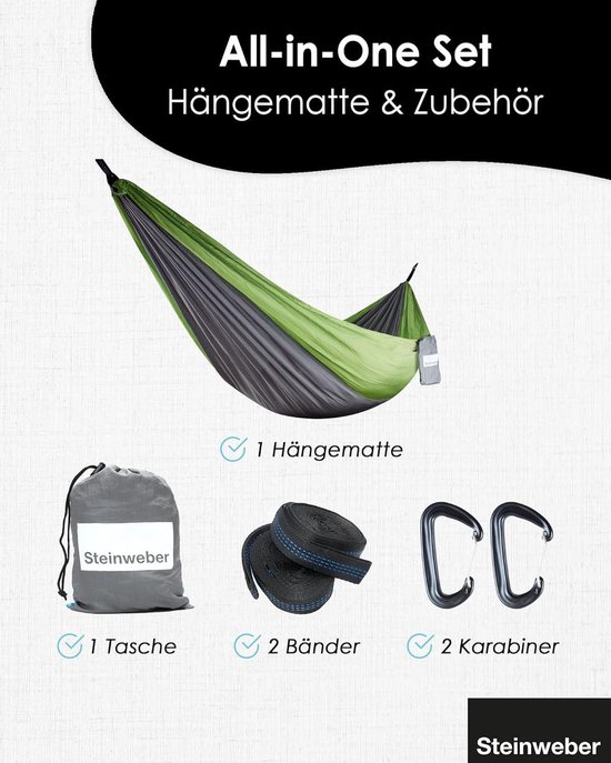 MalloMe Einzel Hängematte (285 x 140cm) Ultraleichte Reise Camping Hängematten für Outdoor 2 Personen oder 1 Kinder & Erwachsene Atmungsaktives Wasserdichtes Fallschirm-Nylon, inkl. Premium Karabiners MalloMe Einzel Hängematte (285 x 140cm) Ultraleichte Reise Camping Hängematten für Outdoor 2 Personen oder 1 Kinder & Erwachsene Atmungsaktives Wasserdichtes Fallschirm-Nylon, inkl. Premium Karabiners
