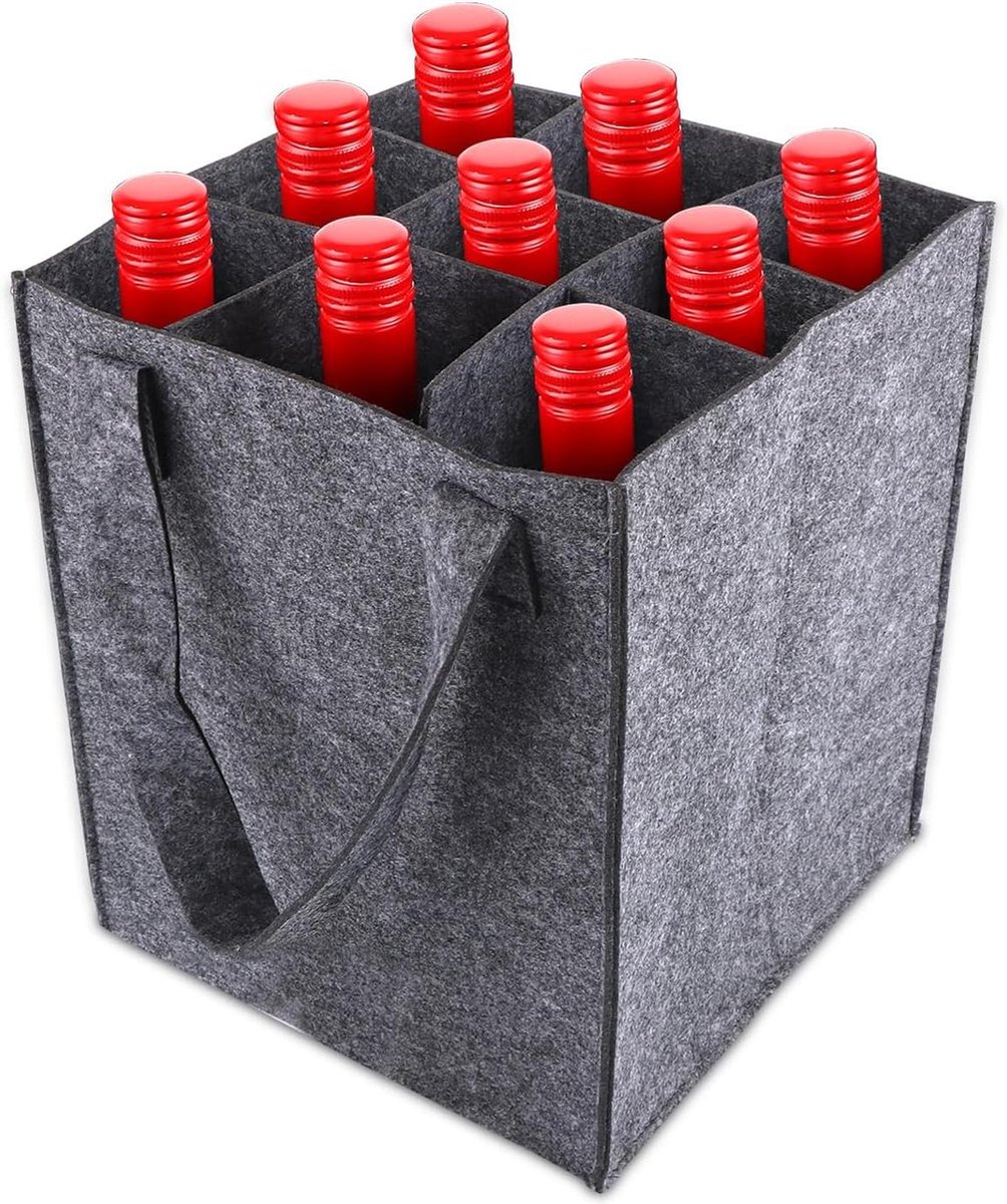 Flessendrager van Vilt 28 x 24 x 24 cm - Flessentas voor 9 Flessen - Grijs met Handvat voor Wijn, Bier en Dranken