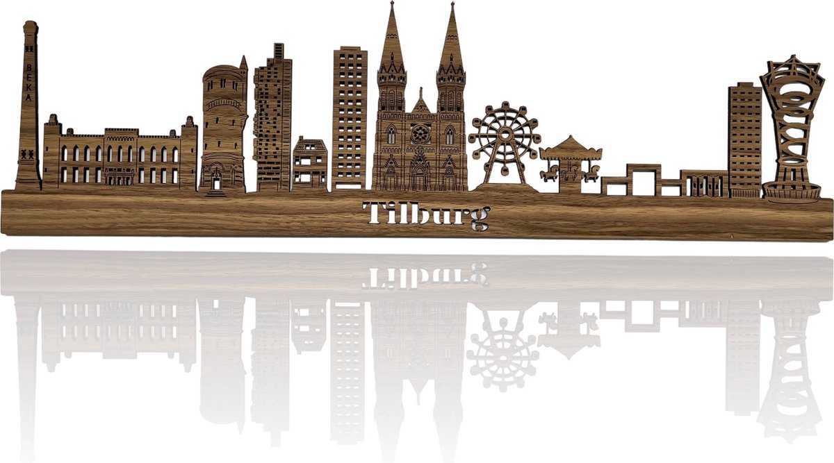 Skyline van Tilburg - Notenhout - 60cm - Wanddecoratie van hout