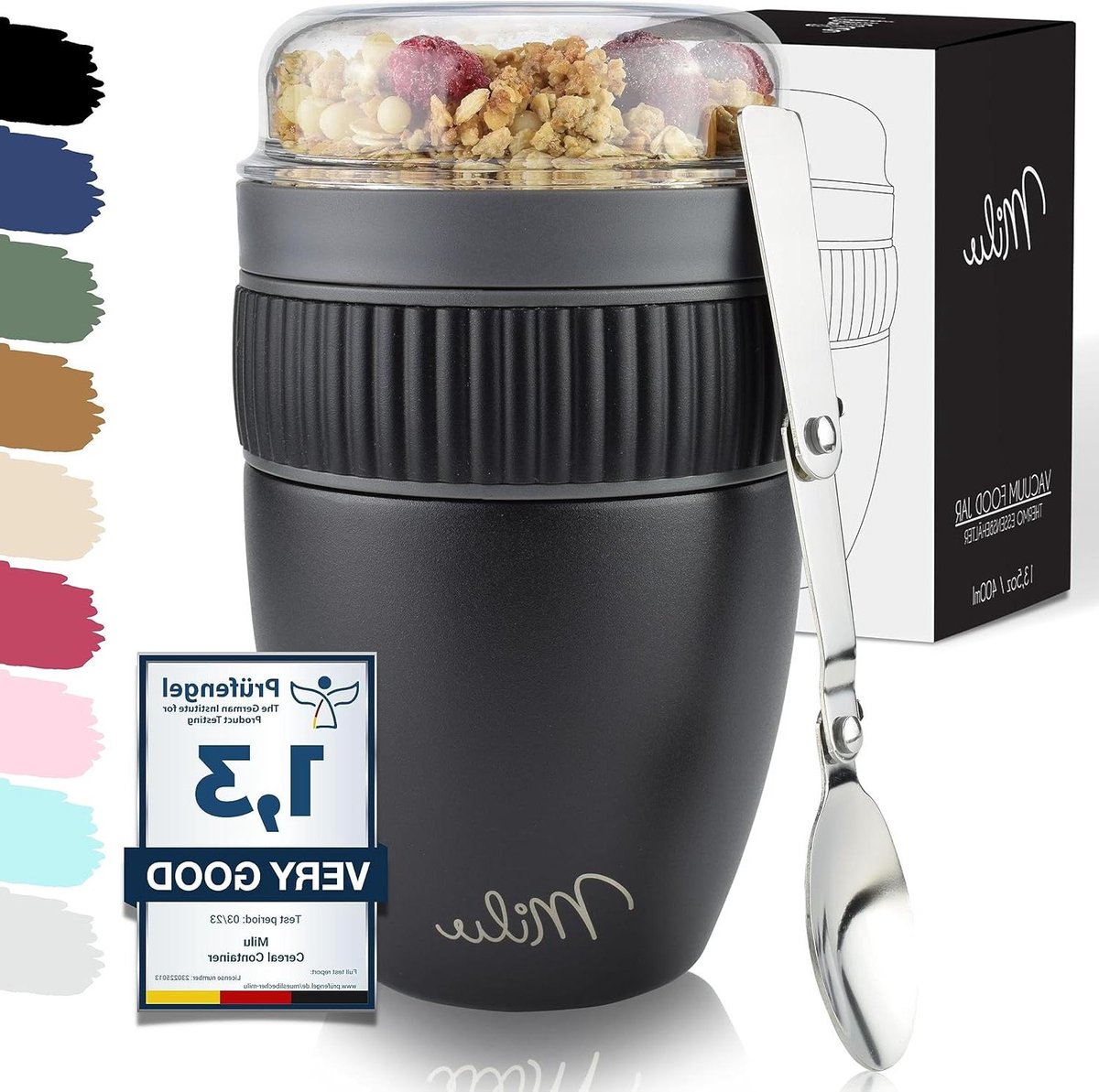 Muesli beker to go 400ml I geïsoleerde yoghurt beker voor muesli I lekvrije beker met lepel voor yoghurt-pap (Zwart)