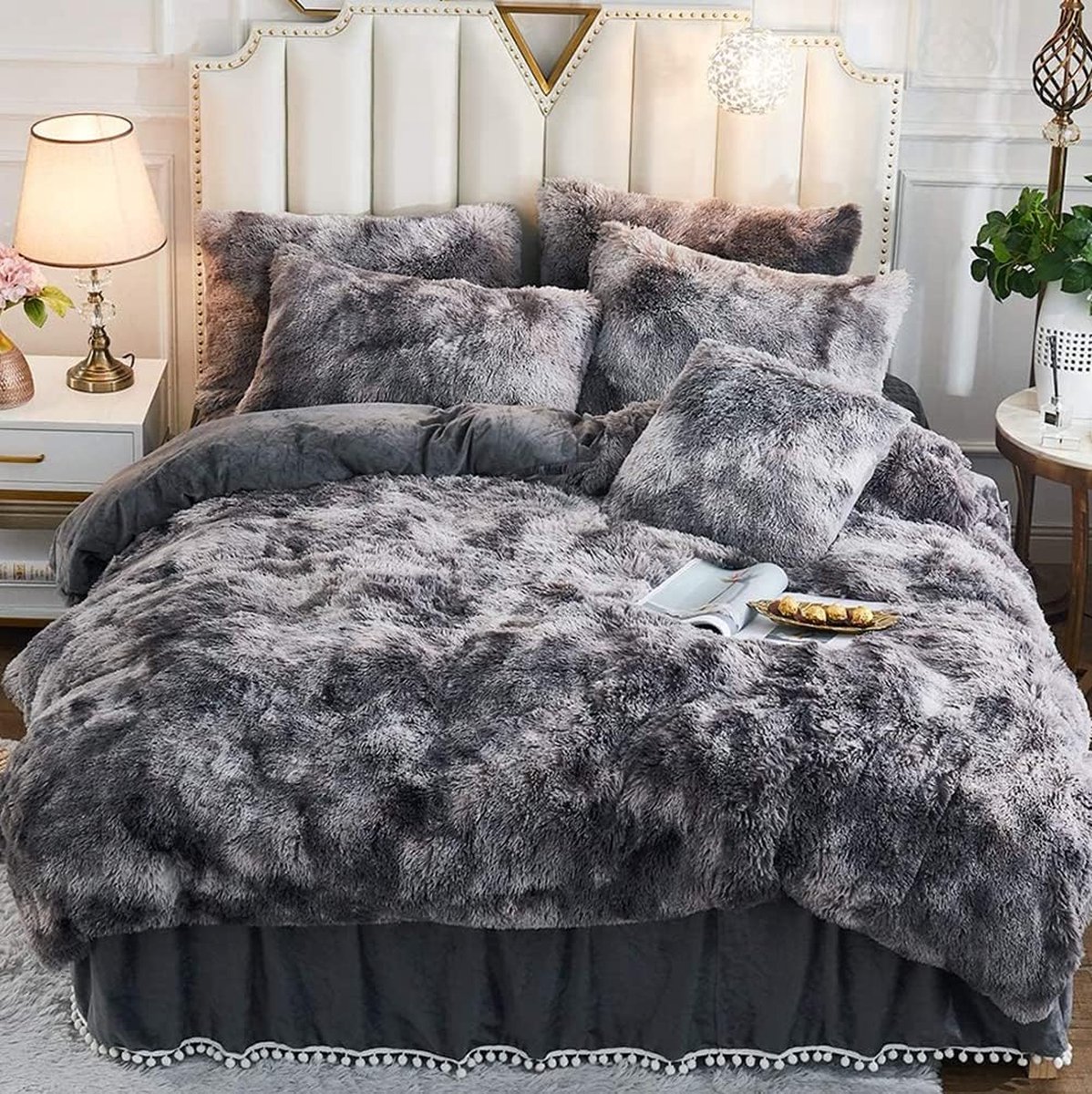 Goodivery ® Winter Fluffy Bed Linen Set met Zachte Langharige Pluche en Ritssluiting, Grijs Tie-Dye Print, 220 x 240 cm + 2 x 80 x 80 cm