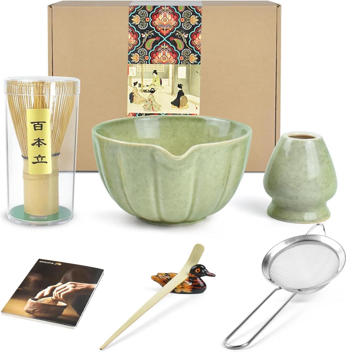 Fouet Matcha Kit Cérémonie Matcha 7 Pièces - Bol, Fouet Bambou, Cuillère, Passoire | Style Japonais Authentique Cadeau Amateur Thé Matcha