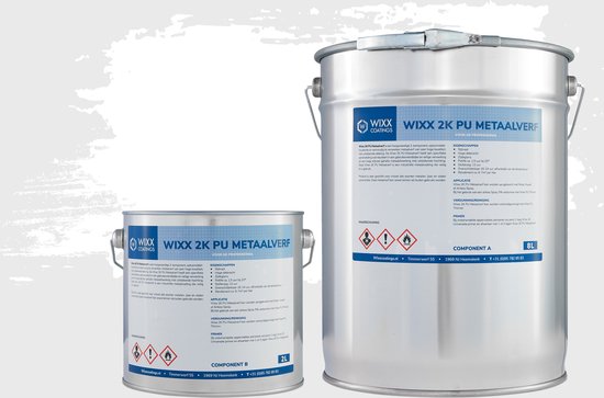 Twee blikken 'WiXX 2K PU Metaalverf' voor professioneel gebruik, één met 2L en één met 8L.