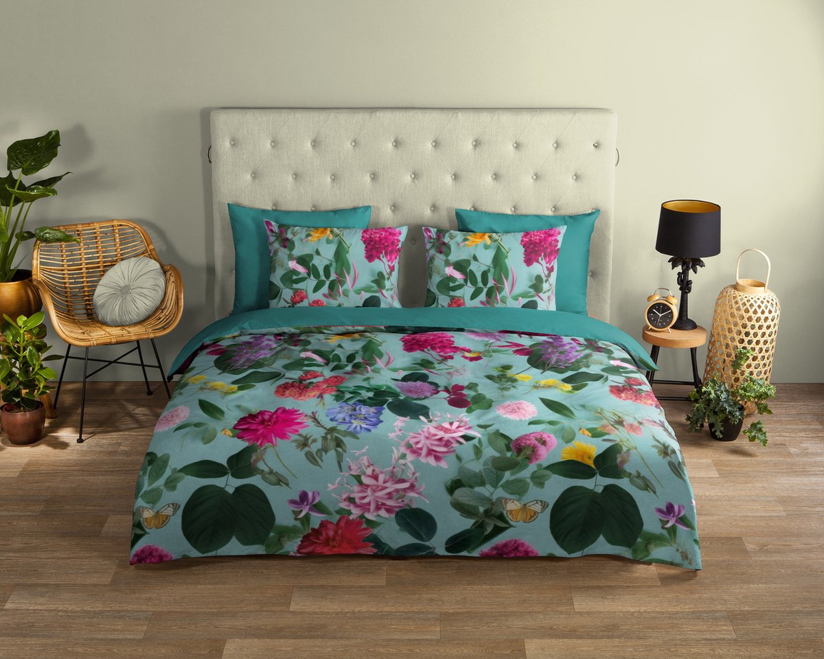 Good Morning dekbedovertrek bloemen - Lits jumeaux 240x200/220 cm - Aqua - 100% Katoen renforce