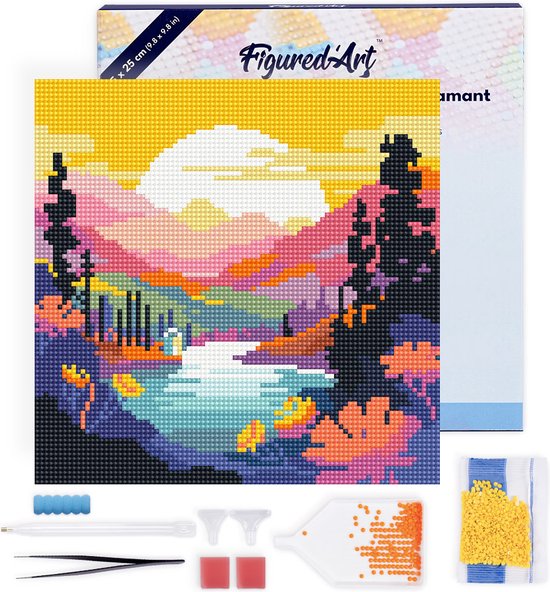 Figured'Art Mini Diamond Painting set Volwassenen 25x25 cm met lijst Kleurrijke Zonsondergang bij het Meer - 5D DIY Art full drill ronde diamant - Canvas al ingelijst