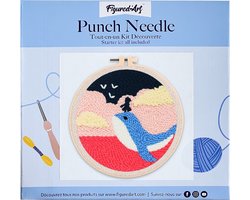 foto van Figured'Art Punch Needle Kit voor Volwassenen en Kinderen - Meisje en een walvis in de schemering - Perfect voor Beginners. Compleet klaar-om-te-borduren set, maat 20x20 cm met ronde frame