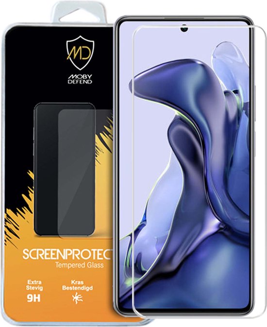Emballage de protecteur d'écran en verre trempé Moby Defend pour Xiaomi 11T/11T Pro montrant le protecteur sur un téléphone.