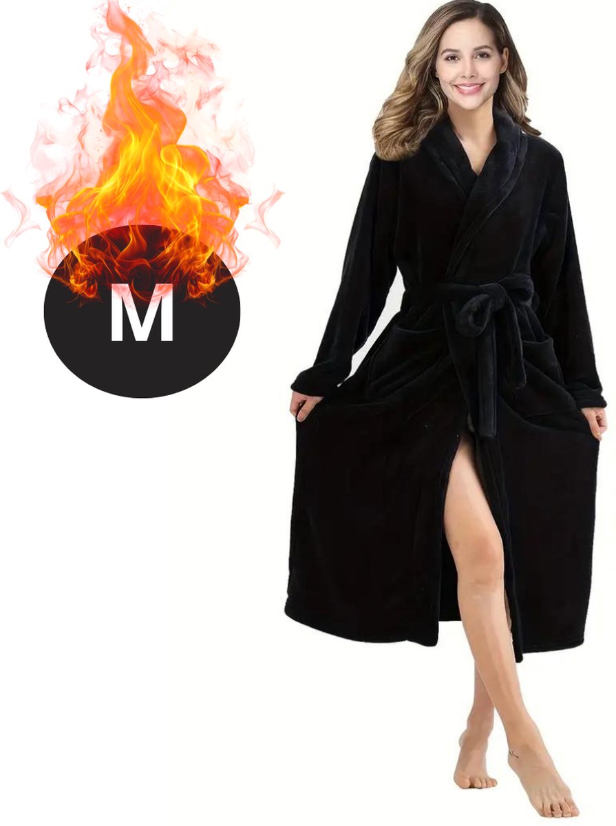 Livano Badjas Dames - Fleece - Katoen - Badstof - Sauna - Hamam - Wafel - Bathrobe - Duster - Ochtendjas - Spa - Kimono - Zwart