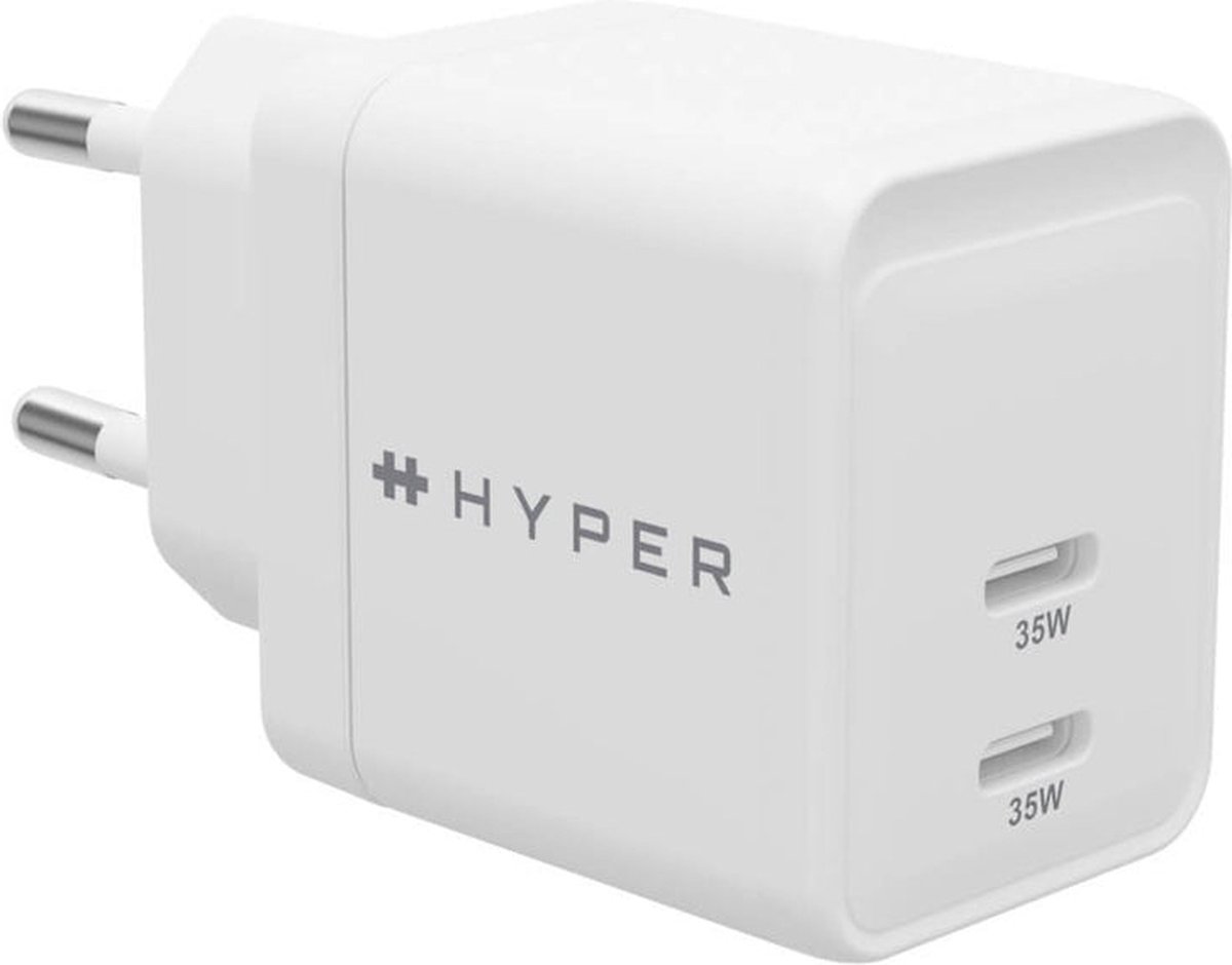 Hyper HyperJuice 2-port GaN oplader (35W) – Compacte afmetingen 40.2 x 40.1 x 29.4 mm – Dubbele 35W USB-C aansluitingen – Compatibel met USB-C apparaten - Wit