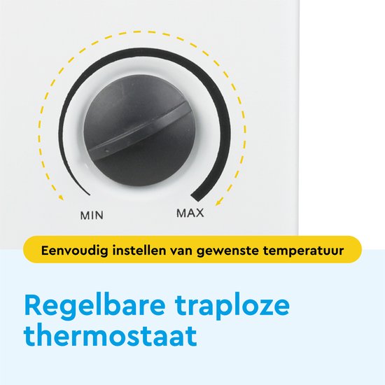 Draaiknop met min- en max-instelling voor de thermostaat van de witte convector kachel.