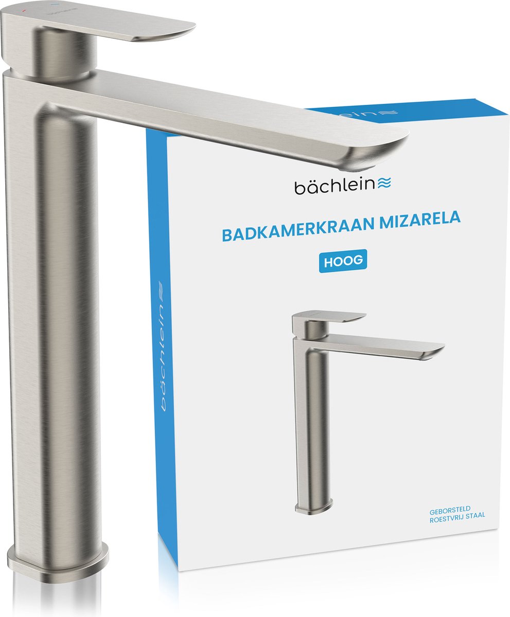 Bächlein Badkamerkraan hoog in klassiek ontwerp [geborsteld roestvrij staal], ééngreepsmengkraan met duurzame keramische cartridge en montageset, badkraan - platte uitloop