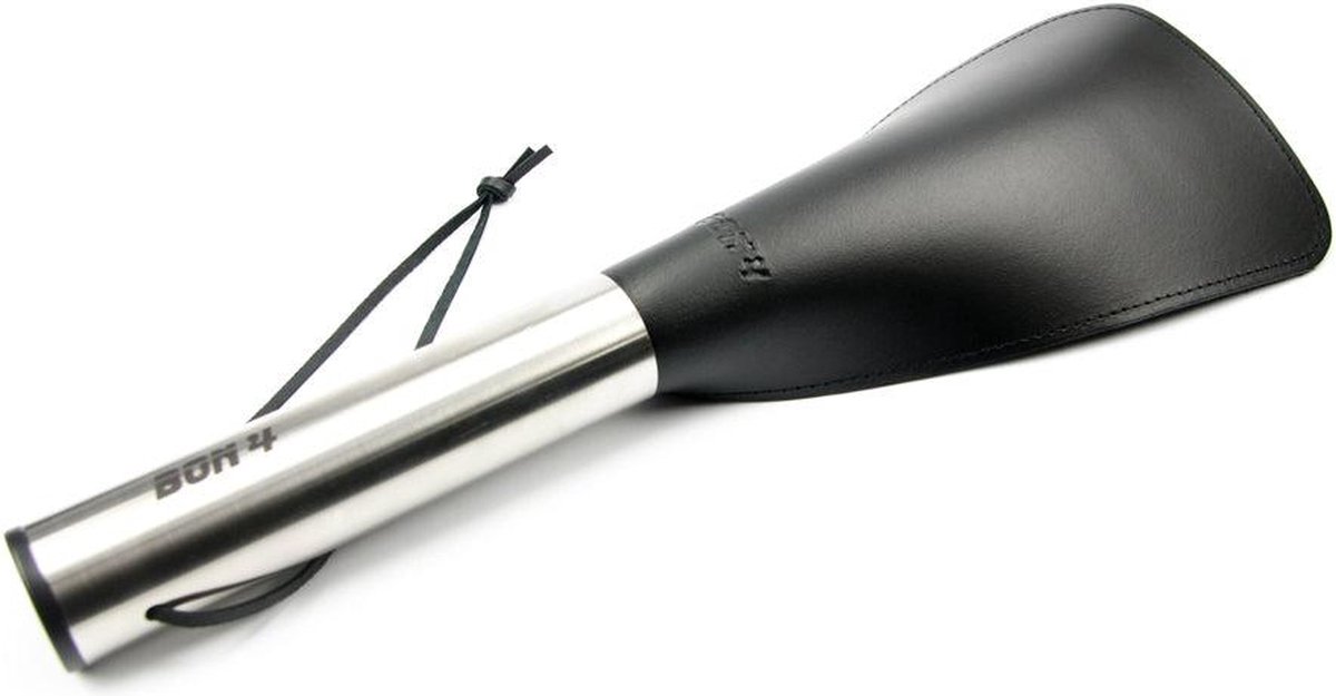 Goedkoopste BON4 - Korte lederen paddle met roestvrijstalen handvat - Zwart/Zilver