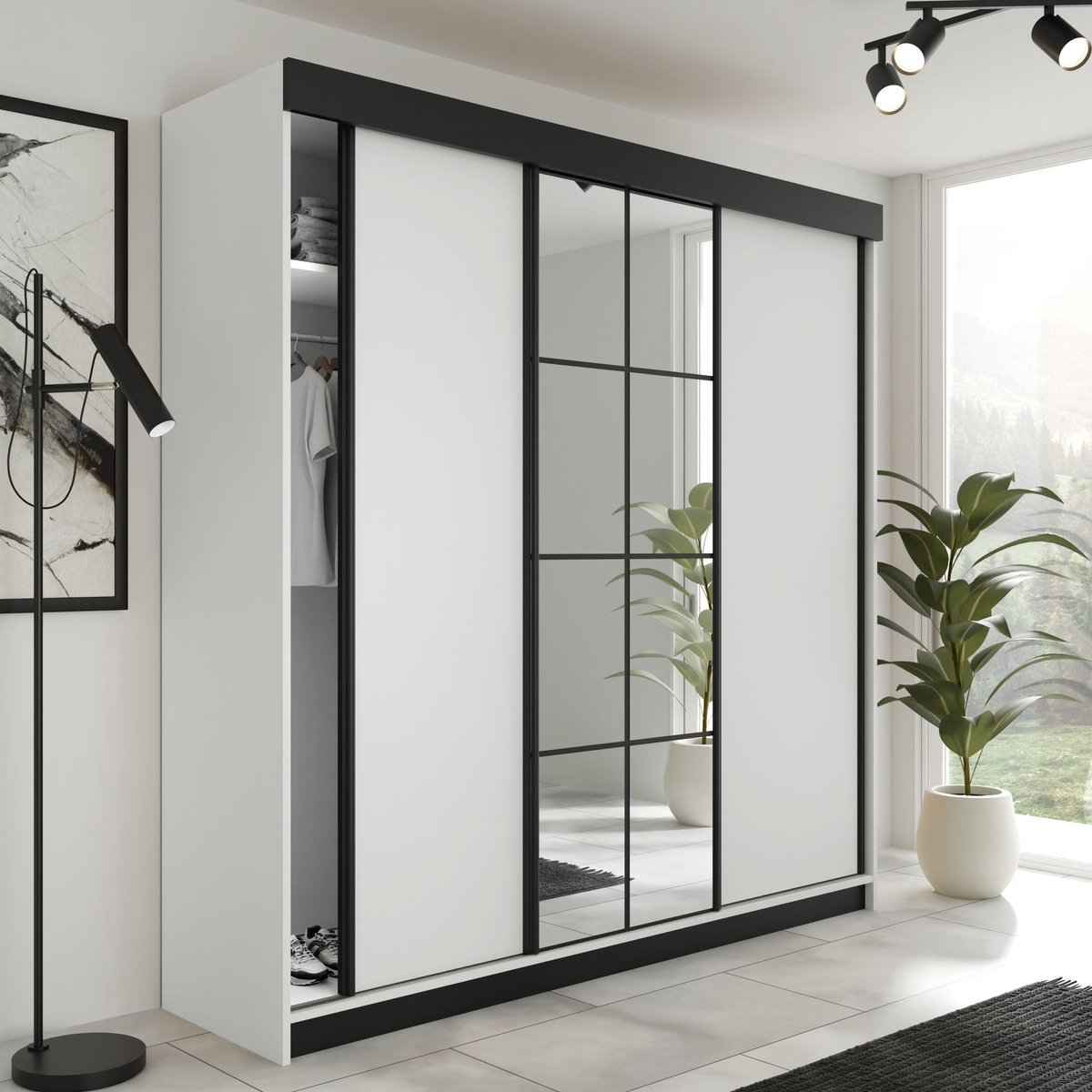 Kledingkast-Opbergkast-Spiegel-Kledingkasten Slaapkamer-Kleding Kast-Roedestang-Legplanken-Schuifdeurkast-lamaro 200 cm Wit zwart