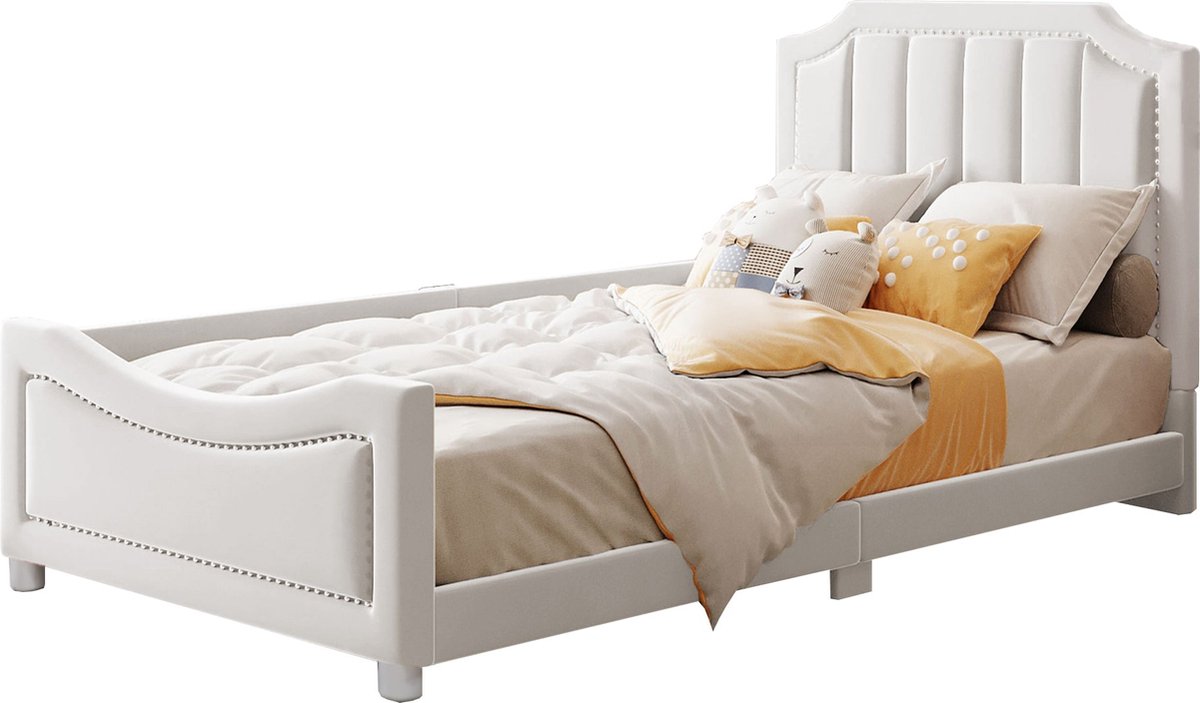 Merax Kinderbed 90x200 cm - Fluwelen Bed met Rugleuning en Armleuningen - Multifunctioneel Bed voor Ouders en Kinderen - Beige