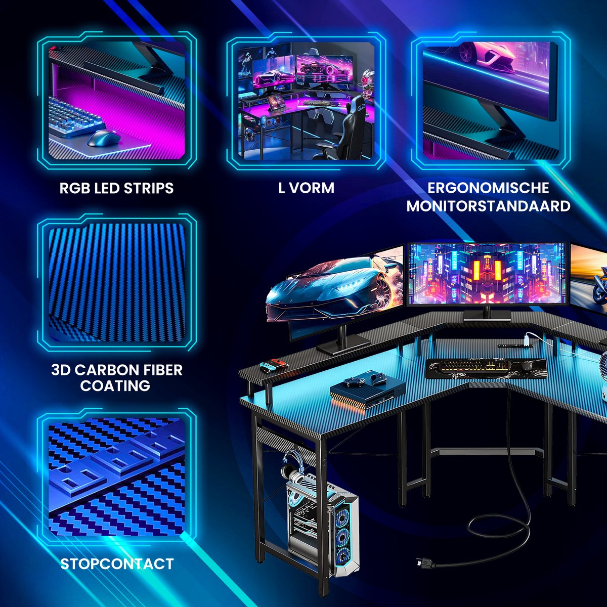 Lugia Hoekbureau - Gaming Bureau - L-Vormig 130cm x 78cm x 48cm - Bureau - Led Verlichtingen - Krasbestendig - Monitor Stand - Stopcontact - Gaming Desk - Game Bureau