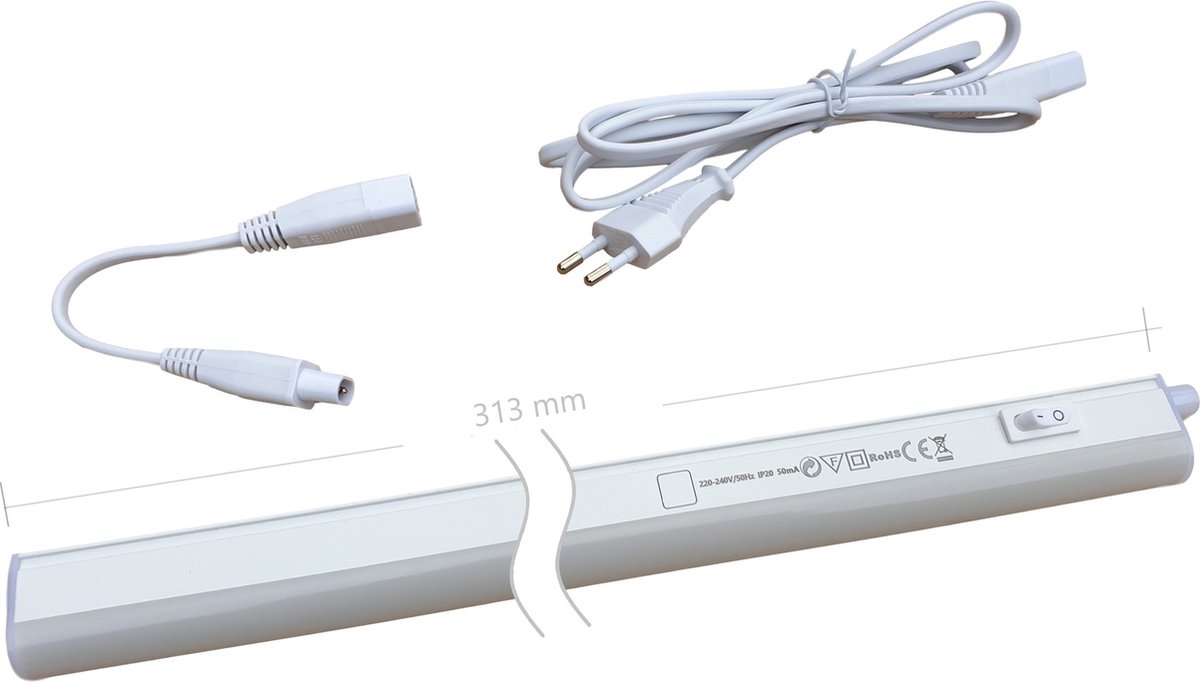 LEDbar 230V AC | 4W=40W | daglichtwit 6500K | stekker 150cm - 313mm