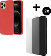 Mobiparts Silicone Cover hoesje geschikt voor Apple iPhone 12 Pro met 2 Screenprotectors van Gehard Glas - Rood