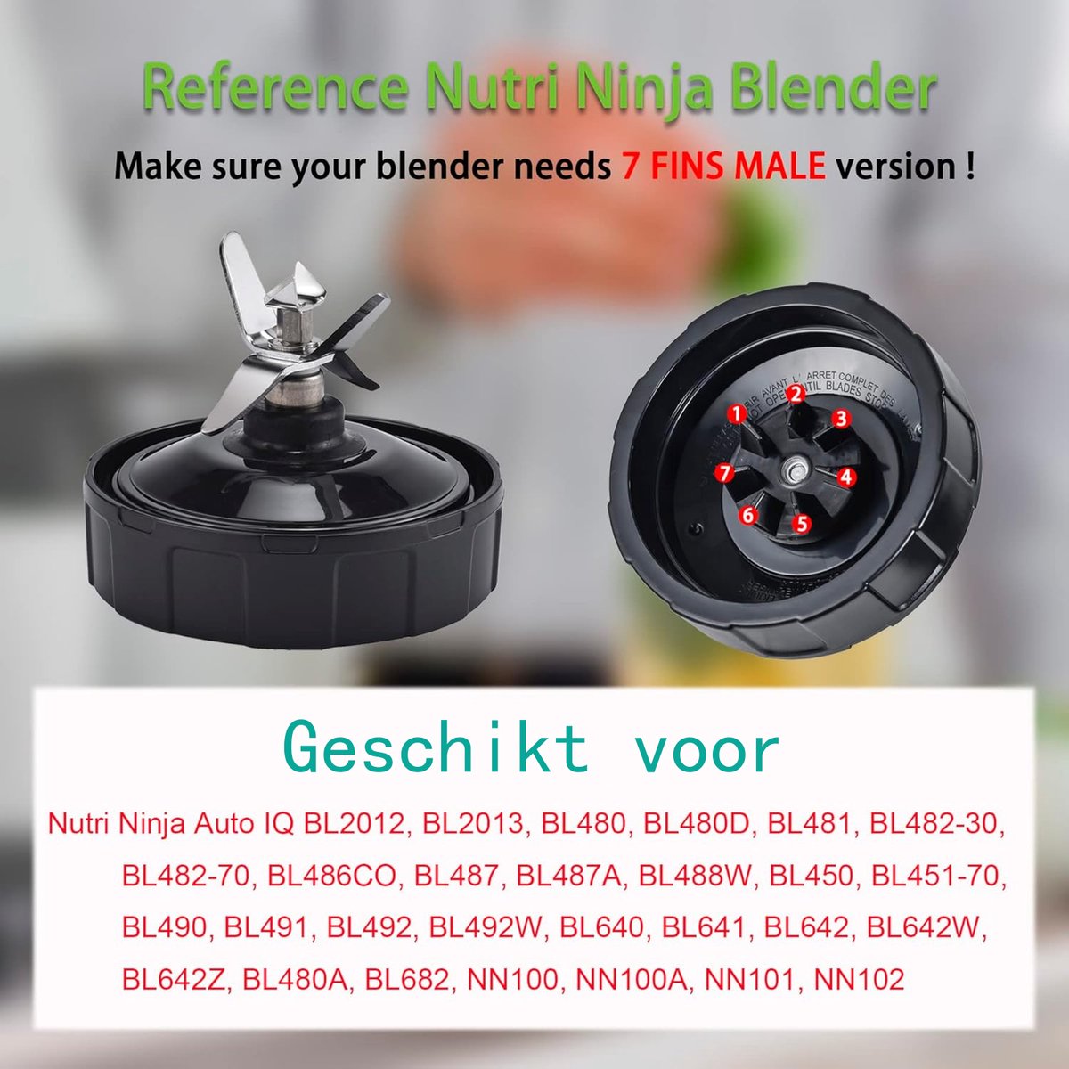 Blender Vervangende Onderdelen voor Ninja, 2 24oz Ninja Blender Cups Vervanging met To-Go Deksels, 7-Fins Extractor Blade, voor Nutri Ninja Auto iQ BN401 BN751 BN801 BN800 BL450 BL456 BL480 BL640