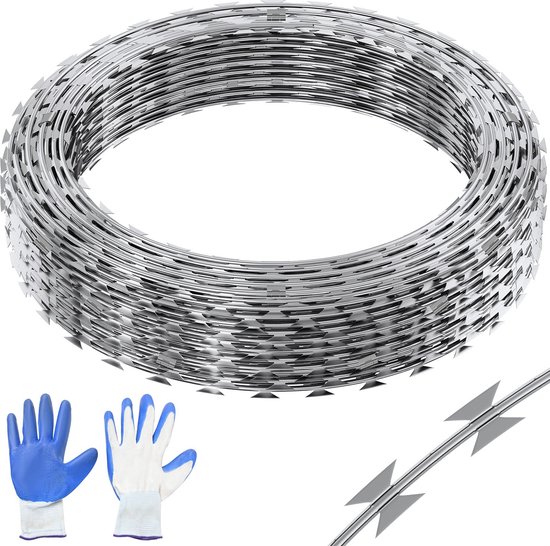 Jemaison® Prikkeldraad - 2 stuks - Dubbele spiraal - Scheermes - Schrikdraad - Security - Scheermesprikkeldraad - RVS - 30 meter