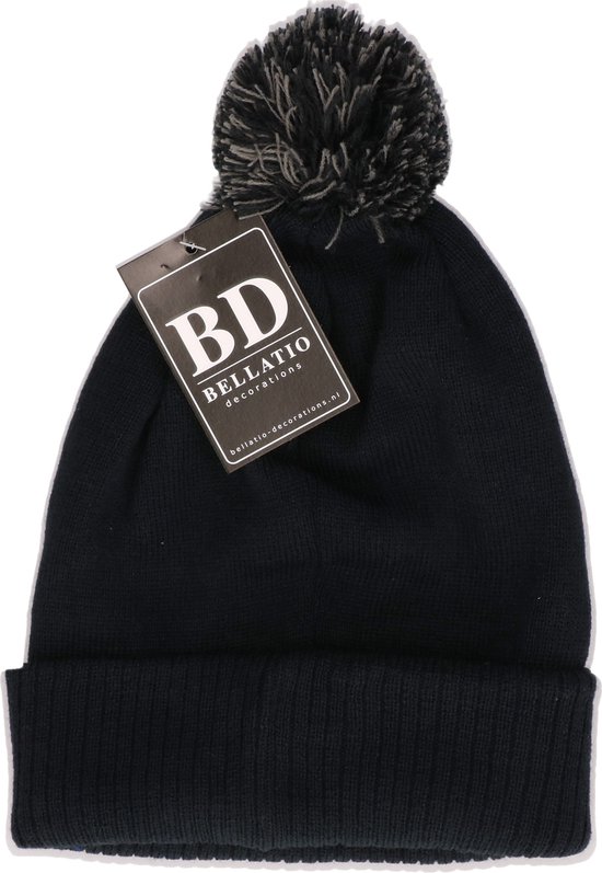 Zwarte gebreide muts met pompon van Bellatio Decorations.