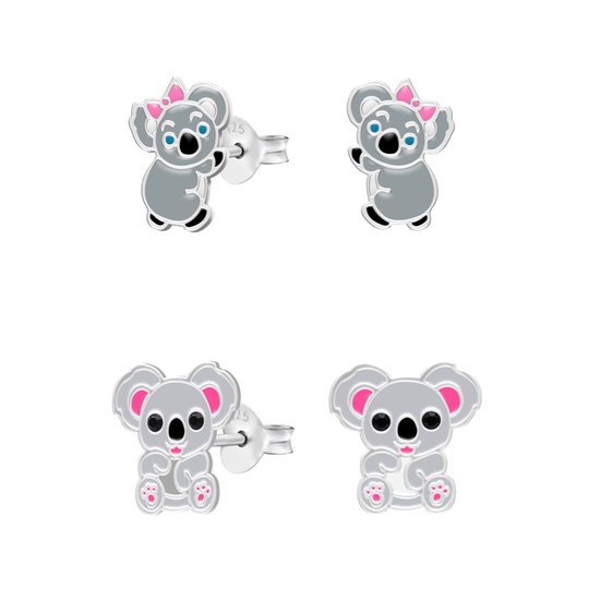 Set de boucles d'oreilles clous en argent, koala avec noeud rose et koala avec yeux en onyx