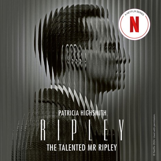 Affiche pour la série Netflix 'Ripley' basée sur 'Le talentueux M. Ripley' de Patricia Highsmith, montrant une image superposée d'un homme en costume.