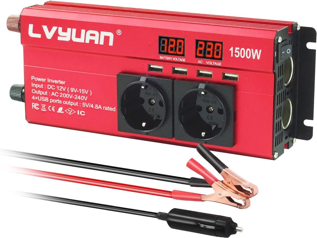 12V naar 220V 1500W Omvormer met 4 USB Poorten en 2 Stopcontacten - DC naar AC Inverter voor Auto