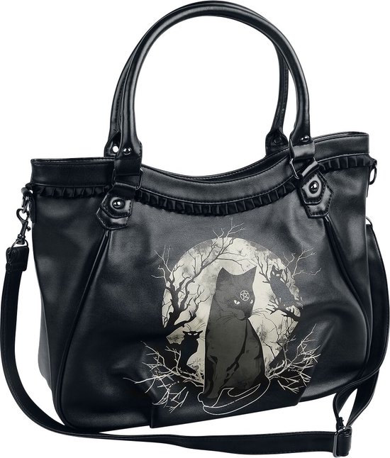 Sac noir avec bandoulière, motif de chat noir, pentagramme, hibou et arbres.