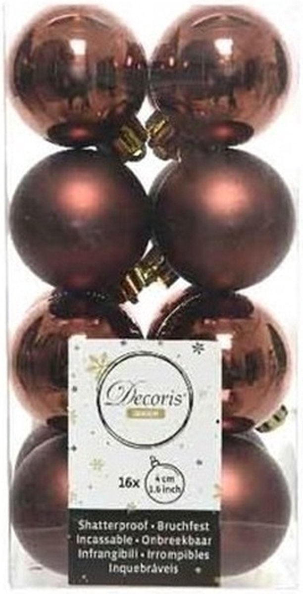 Decoris mahonie bruine kunststof kerstballen - 4 cm - onbreekbaar - 16 stuks