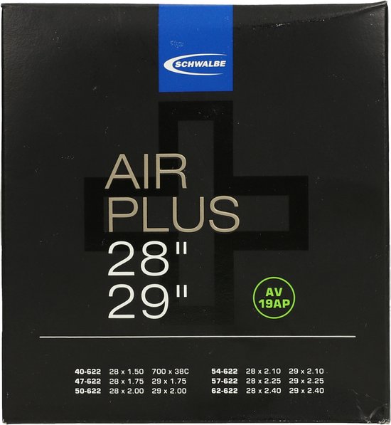 Zwarte doos met 'AIR PLUS 28" 29"' opdruk, Schwalbe logo en maat specificaties.