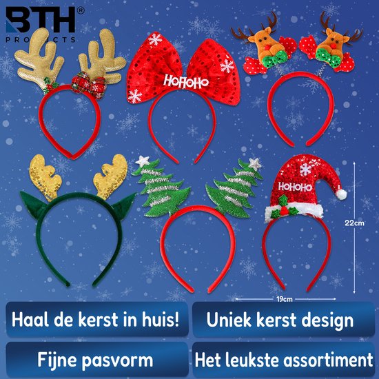 Een verzameling kerstdiademen: rendiergewei, rode strik met 'Ho Ho Ho', kerstbomen, kerstmuts en rendieren met wantjes.
