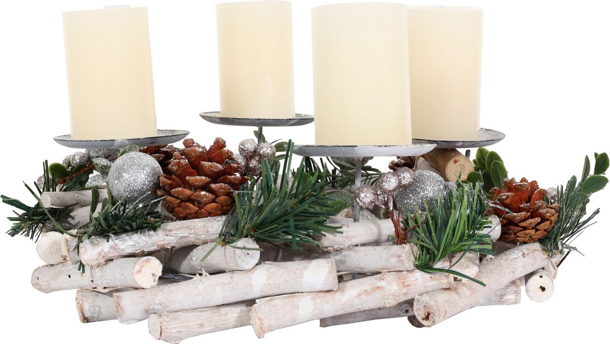 Adventskrans MCW-M12, adventsarrangement tafelkrans kerstdecoratie tafeldecoratie hout zilver wit Ø 30cm ~ met kaarsen – foto 7