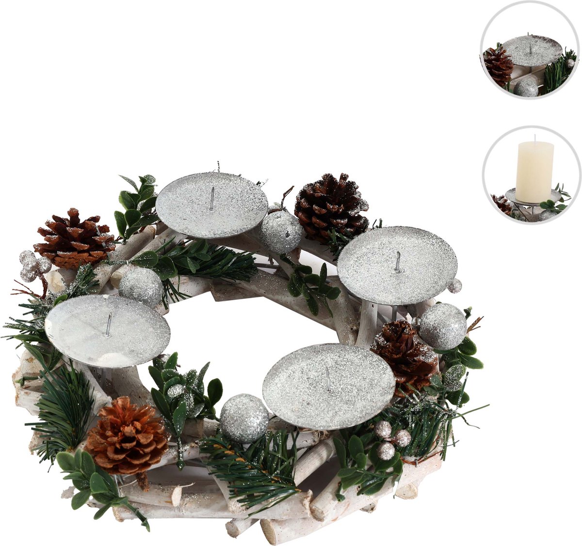 Adventskrans MCW-M12, adventsarrangement tafelkrans kerstdecoratie tafeldecoratie hout zilver wit Ø 30cm ~ zonder kaarsen – foto 3