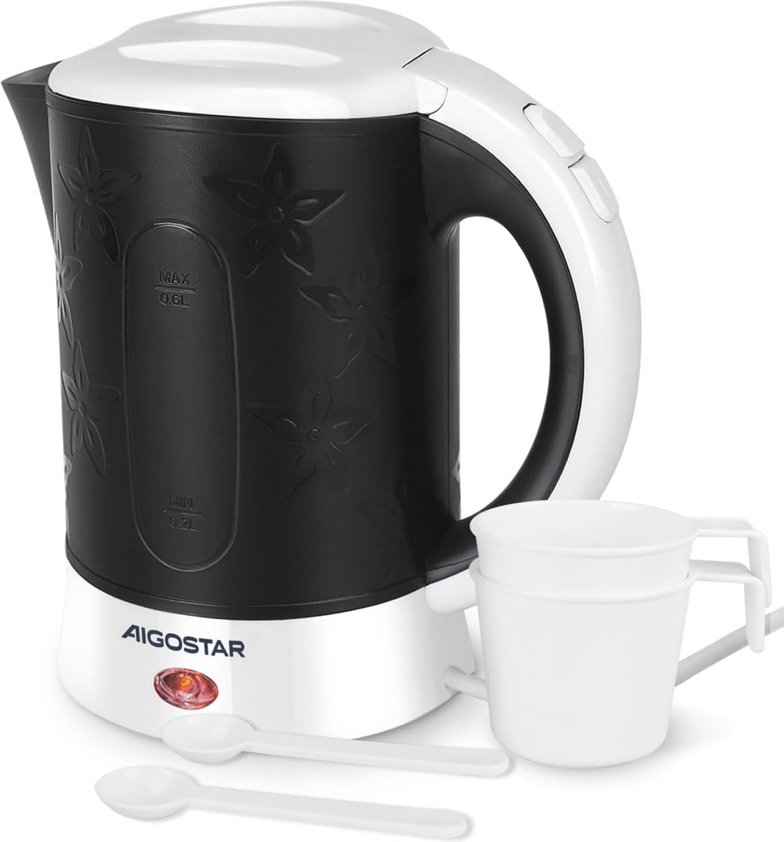 Reiswaterkoker 0.6 Liter met Automatische Uitschakeling en Kookbeveiliging, Inclusief 2 Kopjes en Lepels, Ideaal voor Reizen