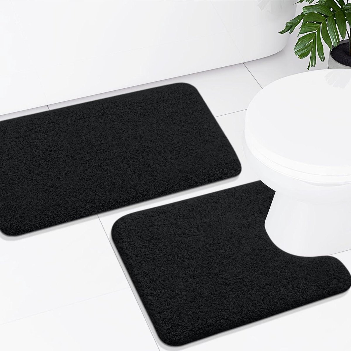 Badmat - Mat voor in de Badkamer 2-delige set wc-matten met uitsparing antislip wasbaar hoogpolig microvezel badmatset 50 x 60 cm + 50 x 80 cm zwart