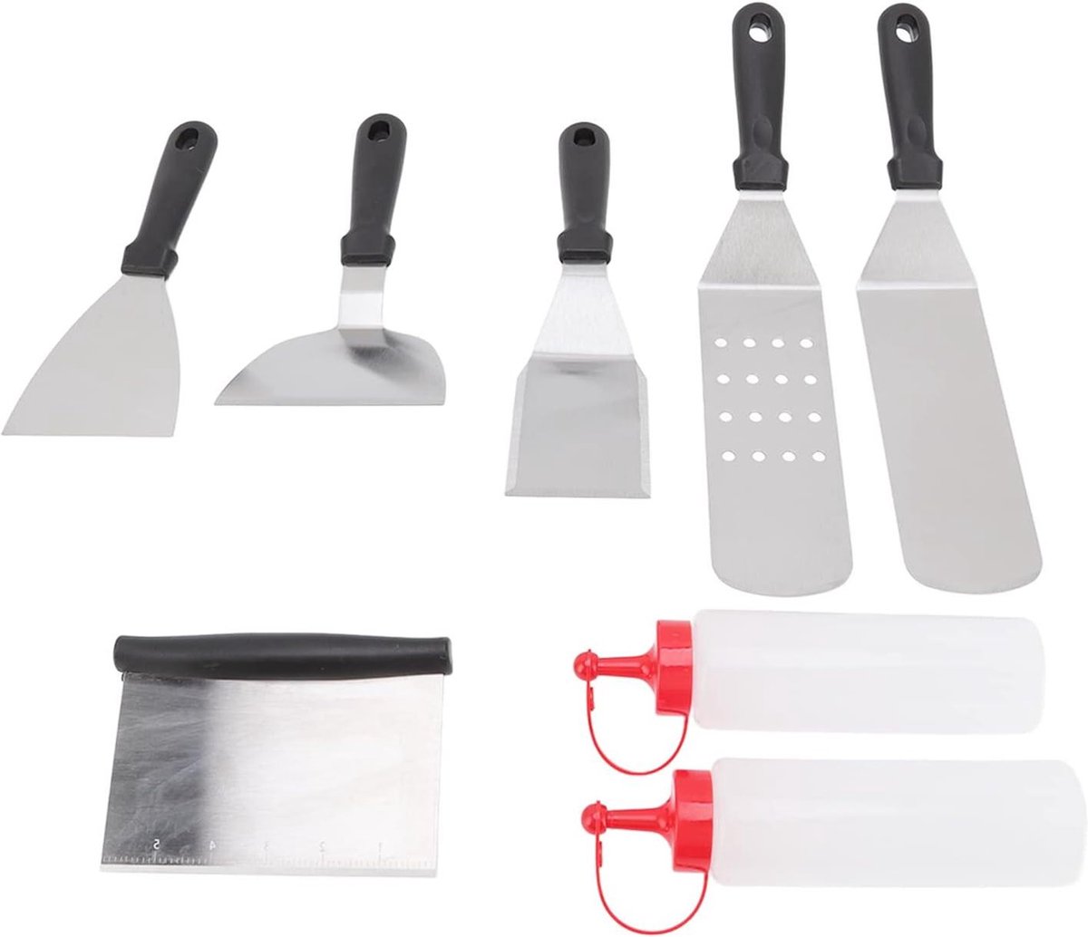 6-delige spatelset - Roestvrijstalen grillspatelset met platte bovenkant - Stevig handvat - Voor buitenbarbecue en camping