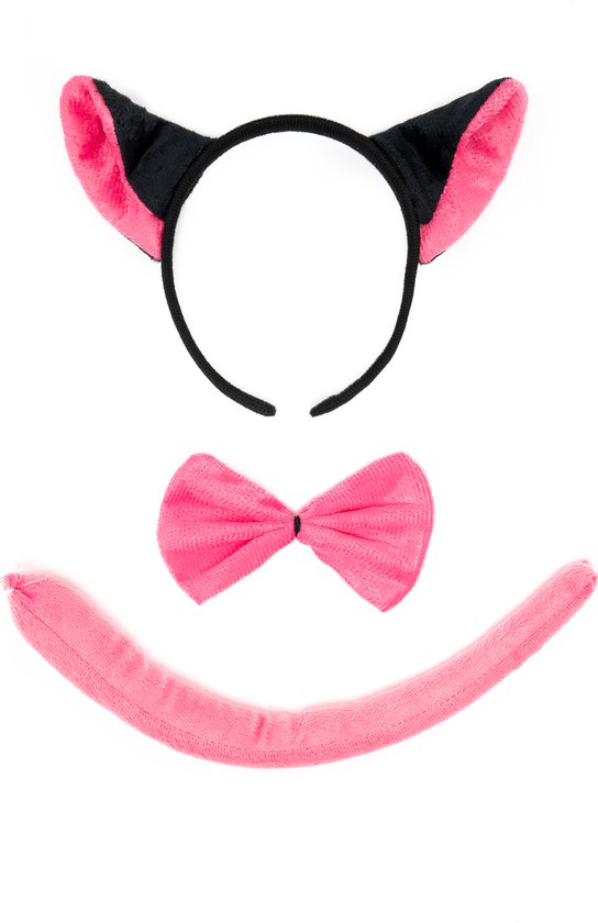Zwart hoofdband met roze kattenoren, roze strik en een lange roze staart.