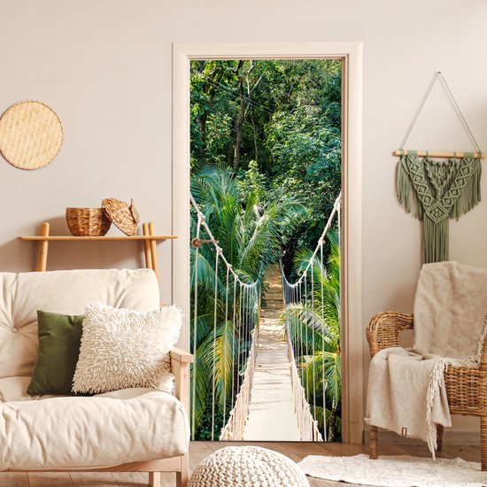 Deurposter 80x205 cm - Deursticker Jungle - Palmboom - Brug - Natuur - Planten - Meubelfolie zelfklevend - Deurfolie woonkamer - Interieurfolie fotobehang - Deur plakfolie - Deurstickers - Deurbehang sticker - Kamer decoratie