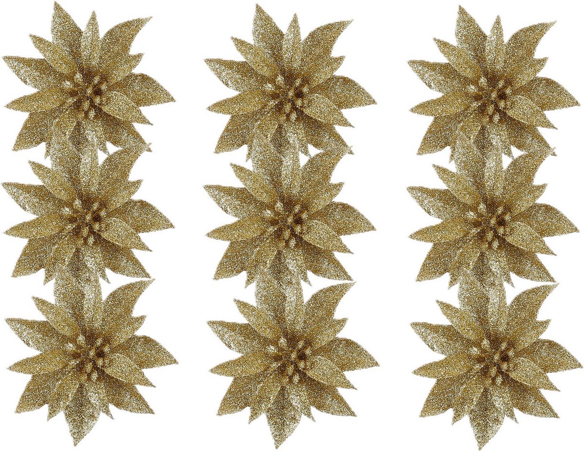 House of Seasons Kerstboom bloemen op clip - 12x stuks - goud - kunststof - kerstornamenten Goudkleurig