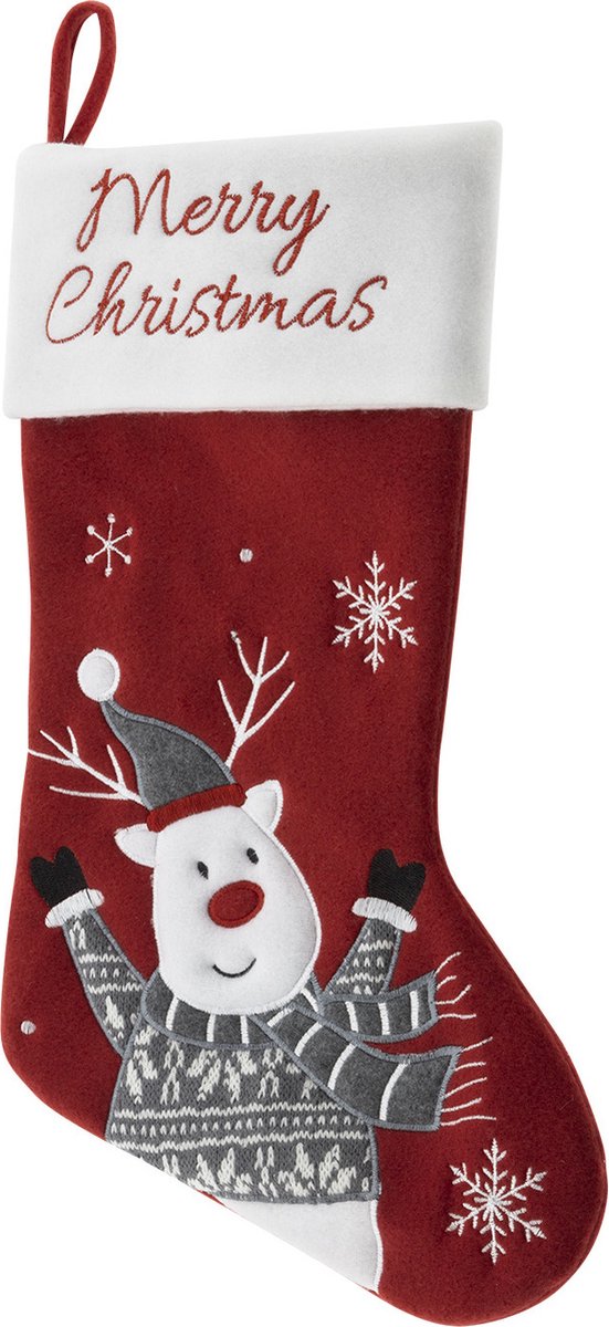 HI Decoratie kerstsok - rood - met rendier - H45 cm - velvet - Merry Christmas