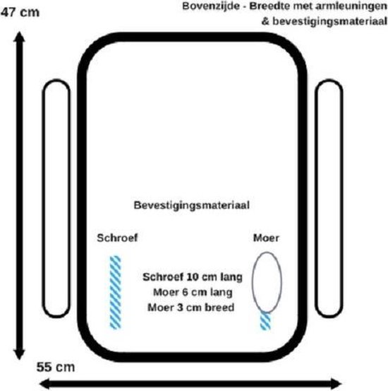 Schematische tekening van de bovenkant van een toiletverhoger met afmetingen.