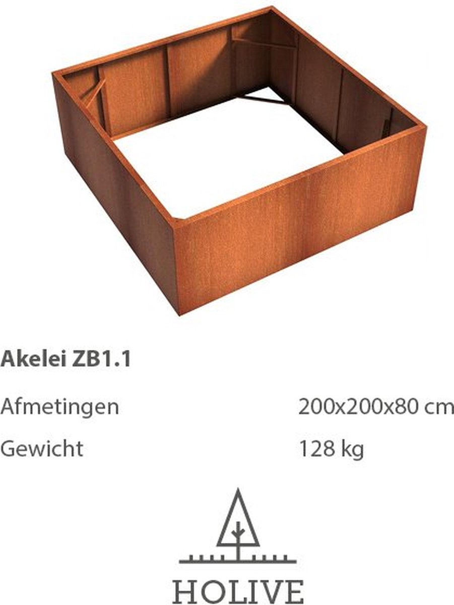 Cortenstaal Aklelei ZB1.1 Vierkant zonder bodem 200x200x80 cm. Plantenbak
